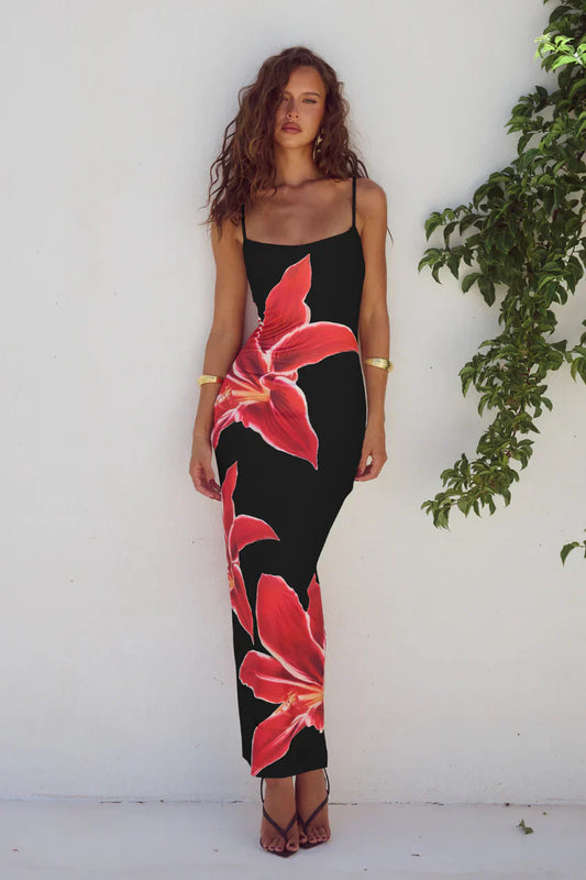 Thalina - Abito con spacco sul retro stampato a fiori